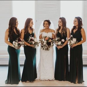 Dark green formal dress with a high leg slit